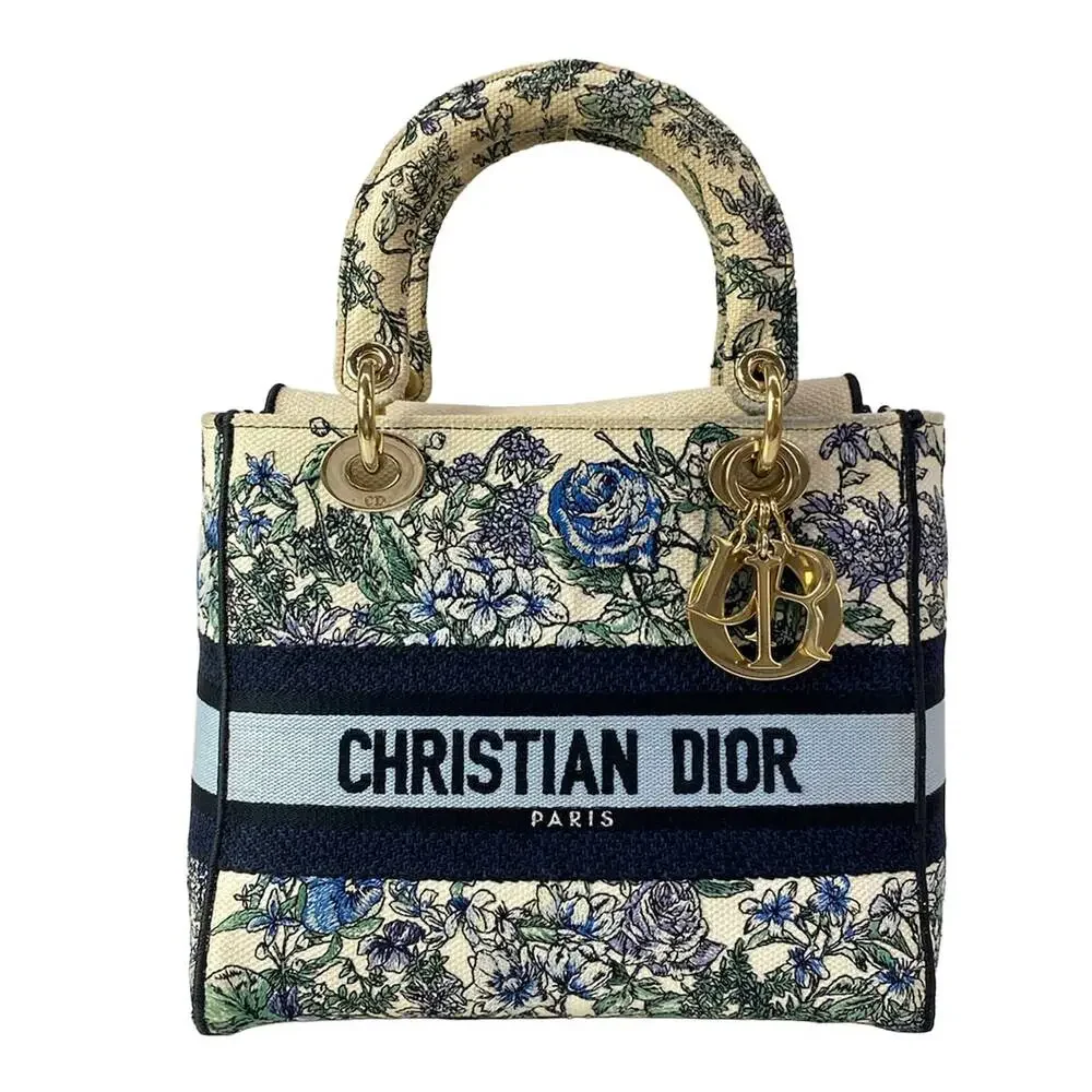 Christian Dior Lady Dior Light Medium Bag Handbag Cream Blue Multi